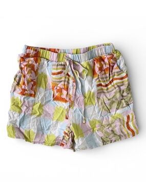 Pastel Tropical Abstract Patchwork Print Boho Drawstring Shorts Size Small
